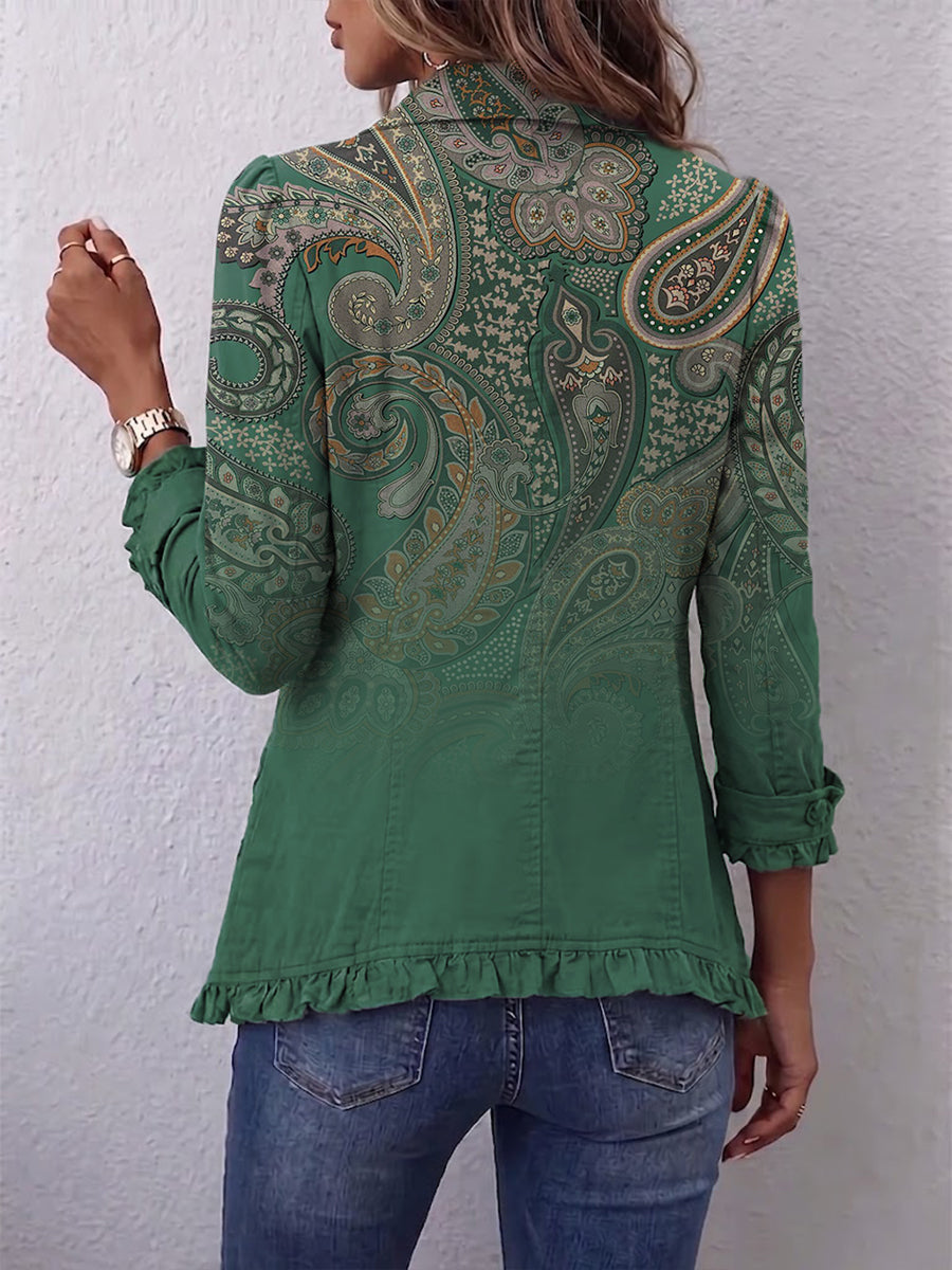 Bohemian-style Linen-cotton Blend Jacket Featuring A Gradient Paisley Print And Ruffle Details.