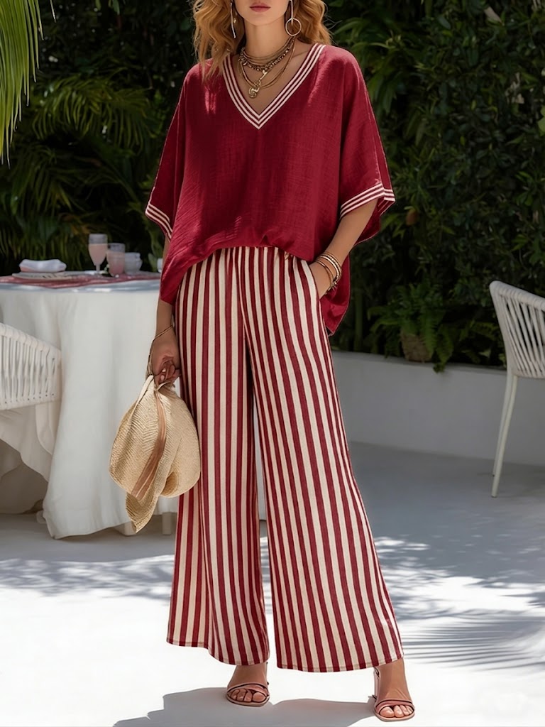 Casual Two-piece Set: Striped Linen & Cotton Patchwork Top And Striped Trousers