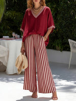 Casual Two-piece Set: Striped Linen & Cotton Patchwork Top And Striped Trousers