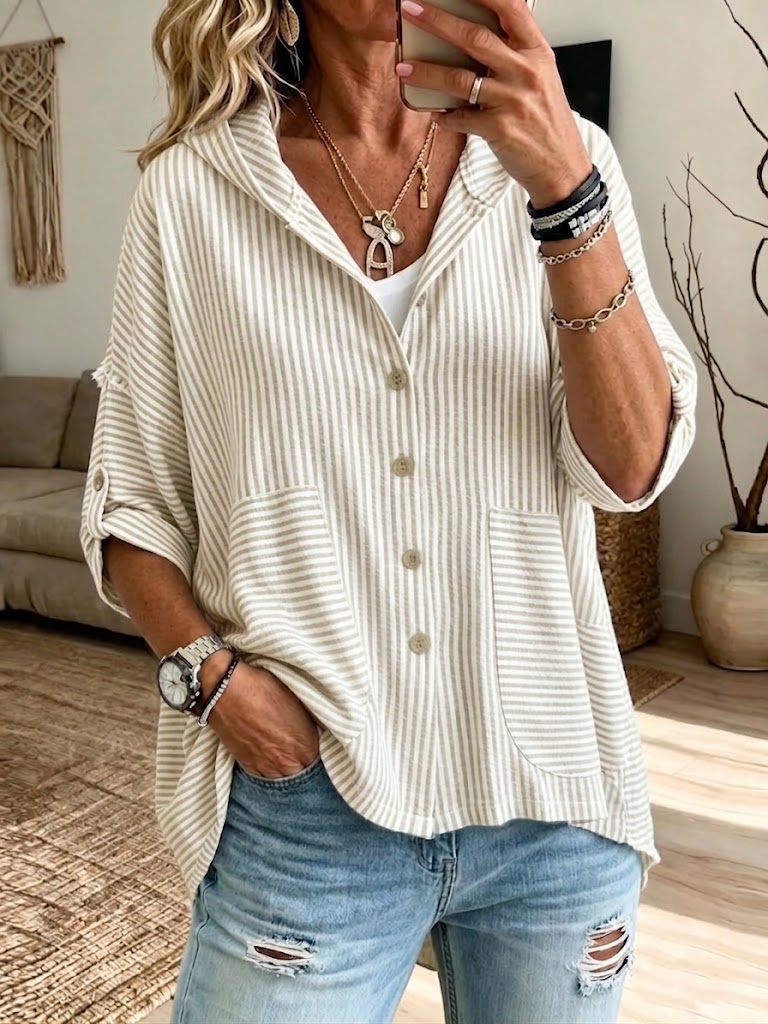 Striped Casual Hooded Shirt: Loose, Slimming Fit With Large Pockets And Three-quarter Sleeves