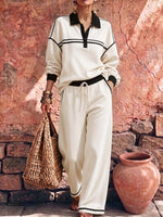 Women's Collared Long-sleeved Casual Loose Pullover Top And High-waisted Wide-leg Pants Suit