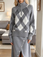 Vintage Plaid Pattern Art Casual Stylish Sweater And Knitted Skirt Two-piece Set