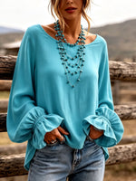 Elegant Boat Collar Ruffle Cuffs Turquoise Blouse
