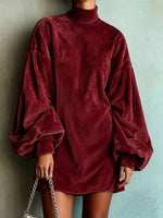 Loose And Cozy Corduroy Lantern-sleeve Mini Dress