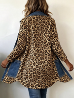 Boho Leopard Print Denim Panel Contrast Casual Longline Jacket