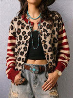 Leopard Stripe Spliced Western‑style Knit Cardigan