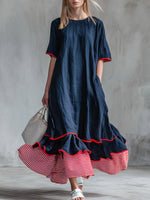 Casual Patchwork Red Striped Short-sleeved Dress