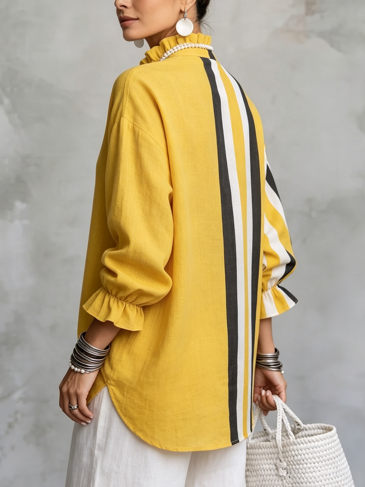Vibrant Resort Cotton-linen Striped Blouse With Ruffle Collar
