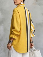 Vibrant Resort Cotton-linen Striped Blouse With Ruffle Collar