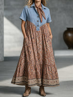 The Western Boho Denim-Patch Paisley Tiered Maxi Dress