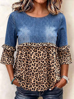 Women's Round Neck 3/4 Sleeve Casual Loose Denim Patchwork Leopard Print Pullover Top