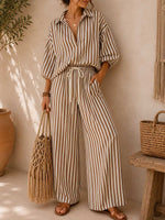 Women's Striped Print Cotton-linen Set: Loose-fit Top With Lapel & 3/4 Sleeves, And High-waisted Wide-leg Pants