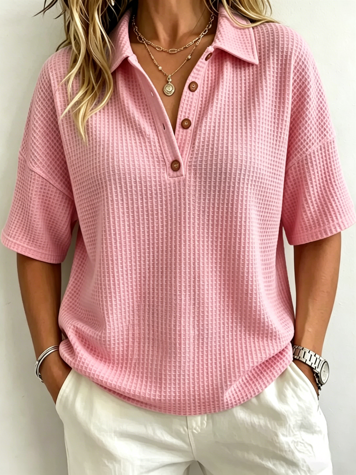 Waffle-knit Drop-shoulder Short-sleeve Polo Shirt With A Spread Collar And Half-button Placket