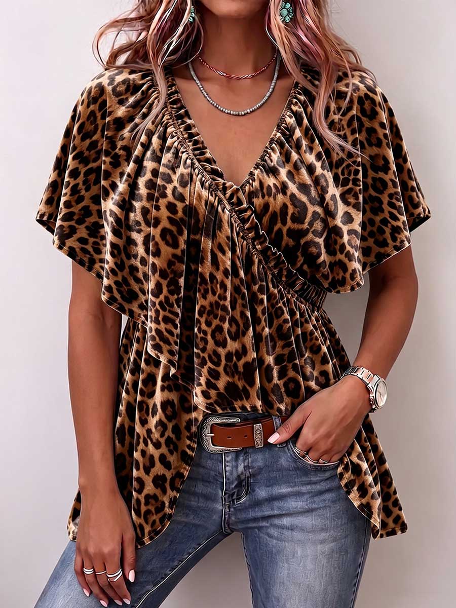 Women's Leopard Print V-neck Short-sleeve Casual Loose Velvet Top