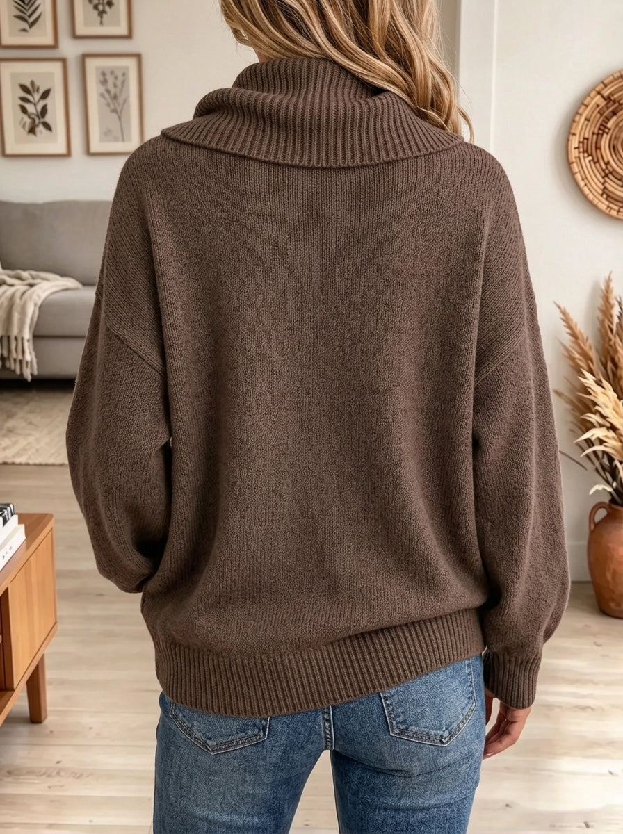Women's Asymmetric Horn Button Cowl Neck Sweater