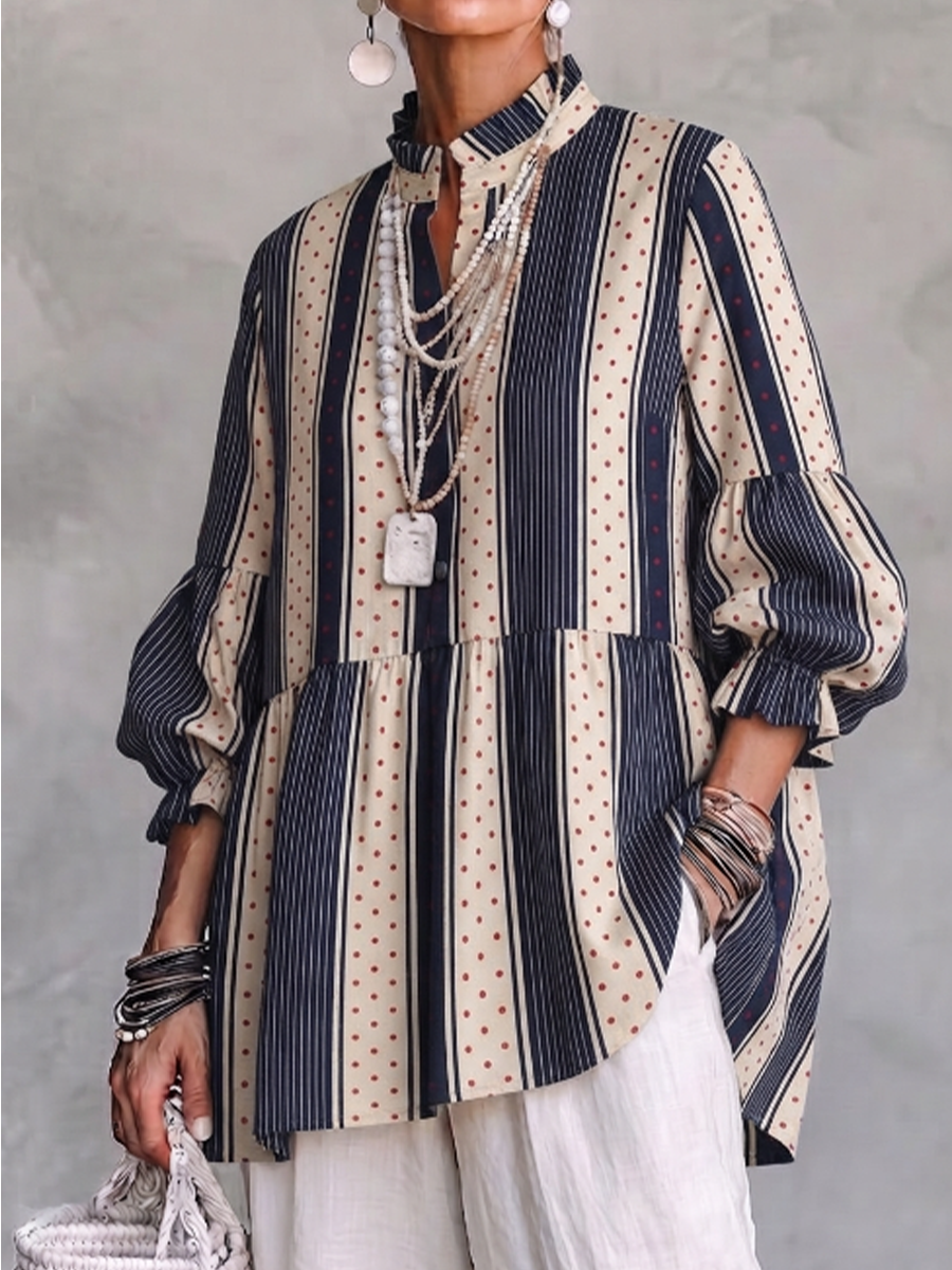Artistic-style Striped And Polka-dot Linen Ruffle-trim Top