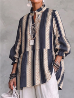 Artistic-style Striped And Polka-dot Linen Ruffle-trim Top