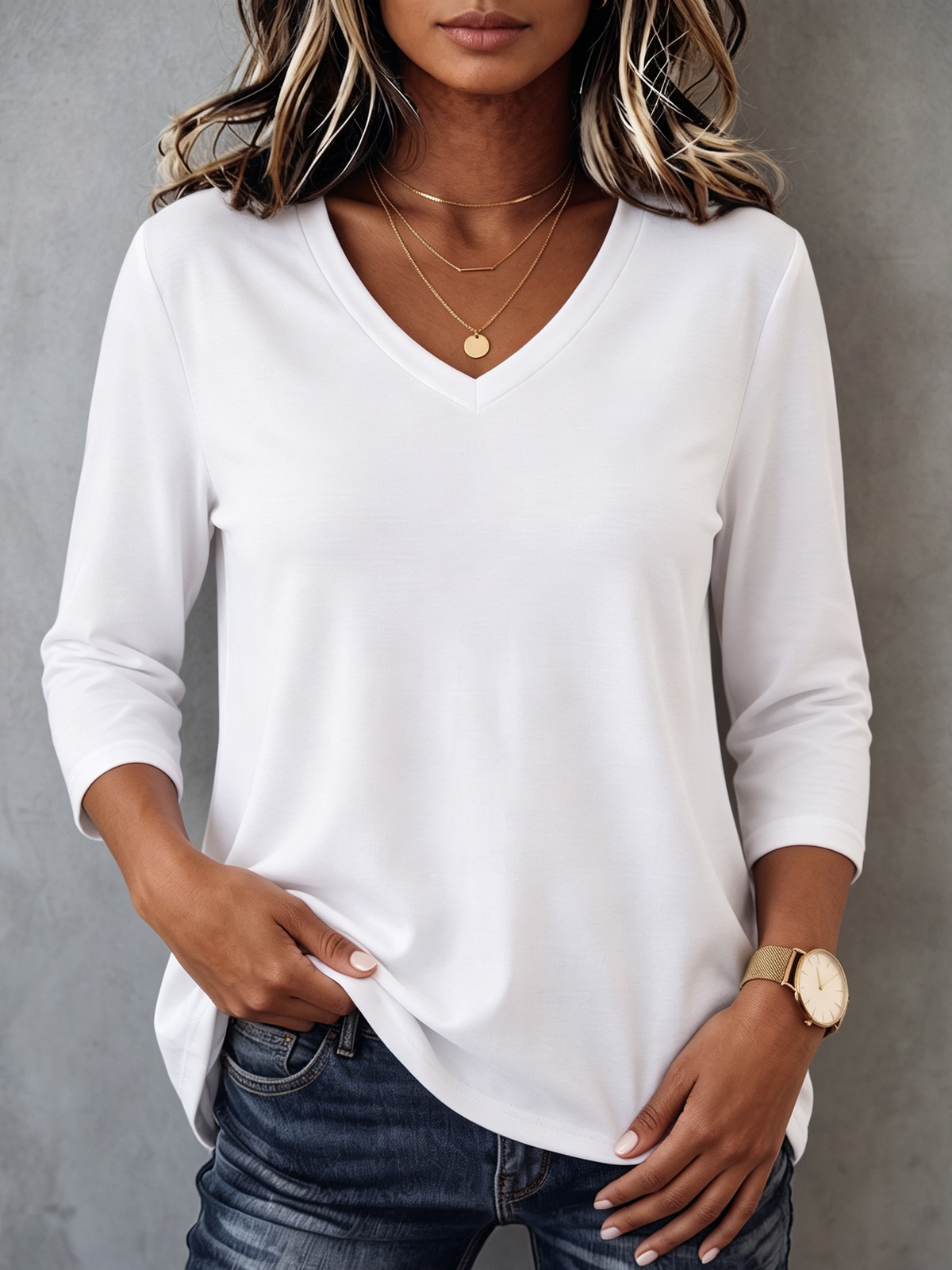 Minimalist Cozy V-neck Three-quarter Sleeve Cotton T-shirt