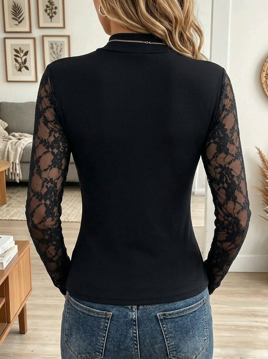 Women's Floral Lace Cutout Mock Neck Top