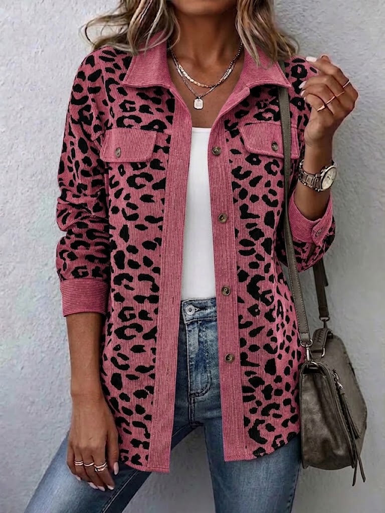 Contrast Rib Collar Leopard Print Corduroy Long Sleeve Shirt Jacket