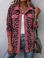 Contrast Rib Collar Leopard Print Corduroy Long Sleeve Shirt Jacket