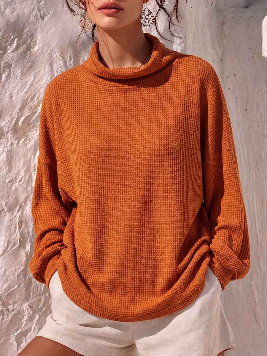 Women's Solid Color Stand Collar Long-sleeved Casual Loose Waffle Knit Top