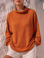 Women's Solid Color Stand Collar Long-sleeved Casual Loose Waffle Knit Top