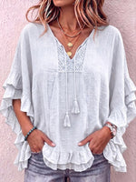 Women's V-neck Tie-waist 3/4 Sleeve Casual Loose Cotton Linen Top
