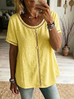 Cozy And Casual Patchwork Linen And Cotton Top With Openwork Weave