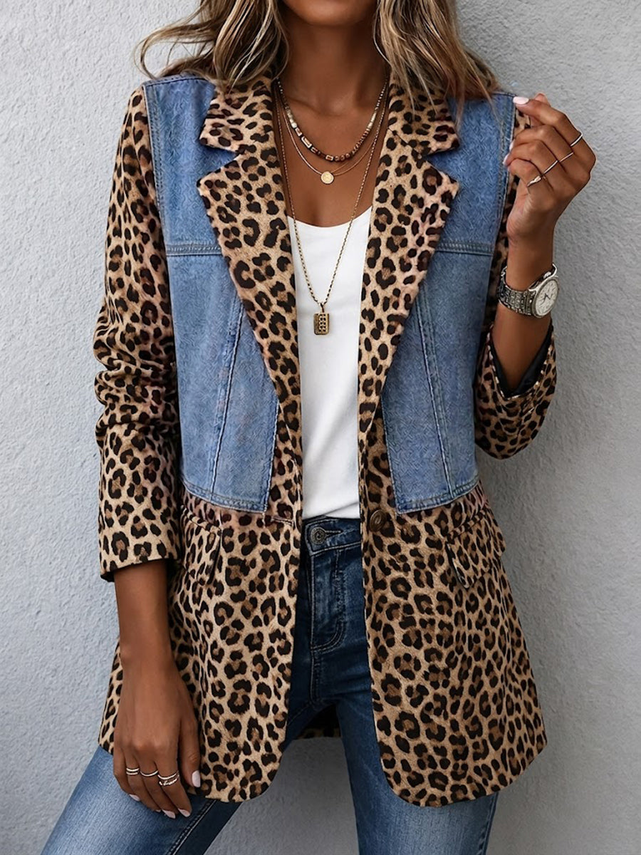 Casual Denim Blazer With Leopard Print Panels