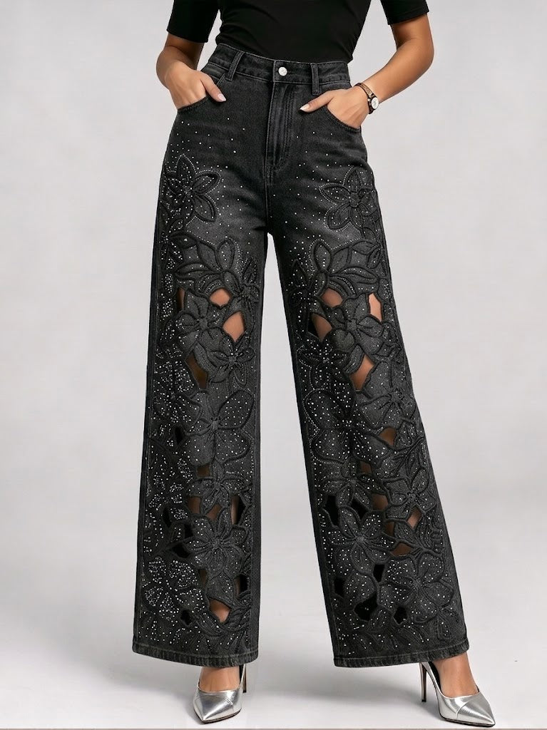 Delicate Casual Hollow-out Embroidered Rhinestone Jeans