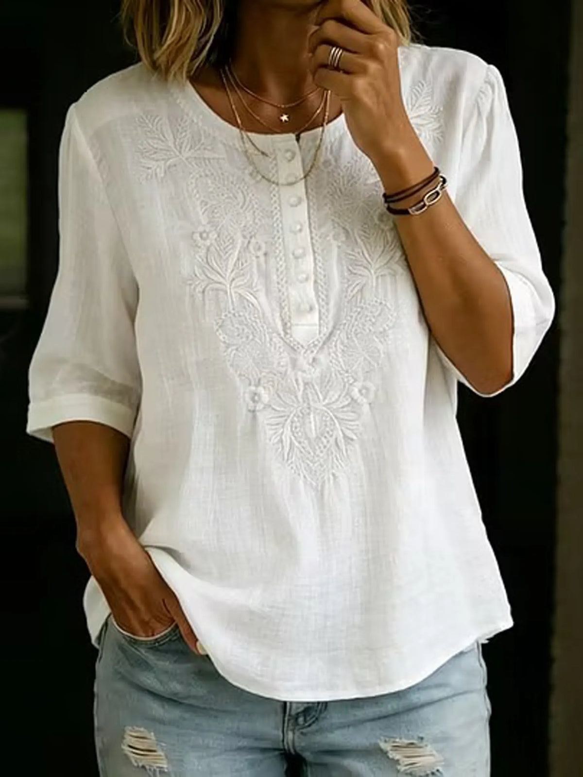 Women's Loose-fit Cotton-linen Embroidered Short-sleeve Round-neck Top