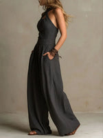 Women's Cross-neck Halter Design Cotton-linen Jumpsuit
