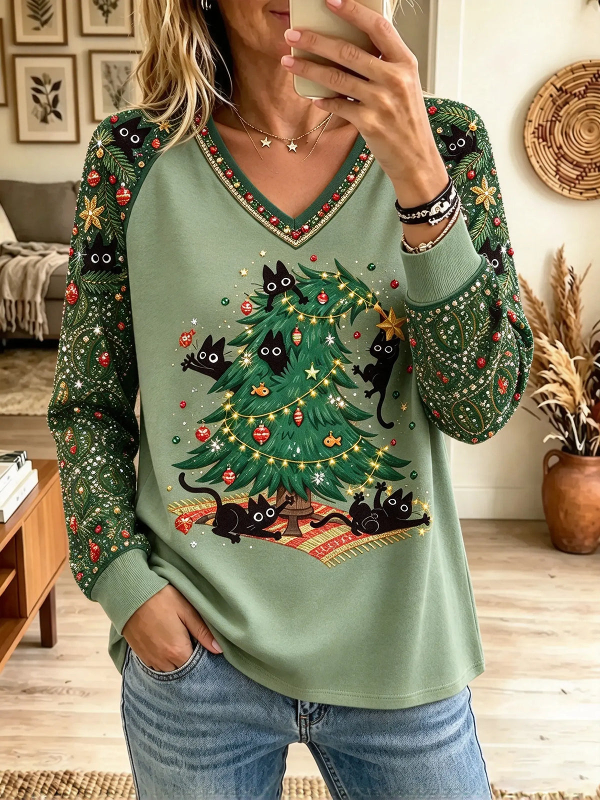 Women's Christmas Tree Cat Print V-Neck Sweatshirt