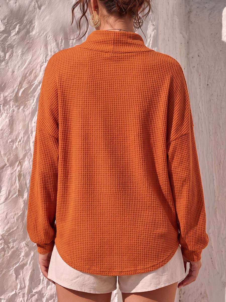 Women's Solid Color Stand Collar Long-sleeved Casual Loose Waffle Knit Top
