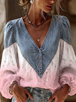 Vintage Denim Spliced Ombre Floral Puff-Sleeve Top