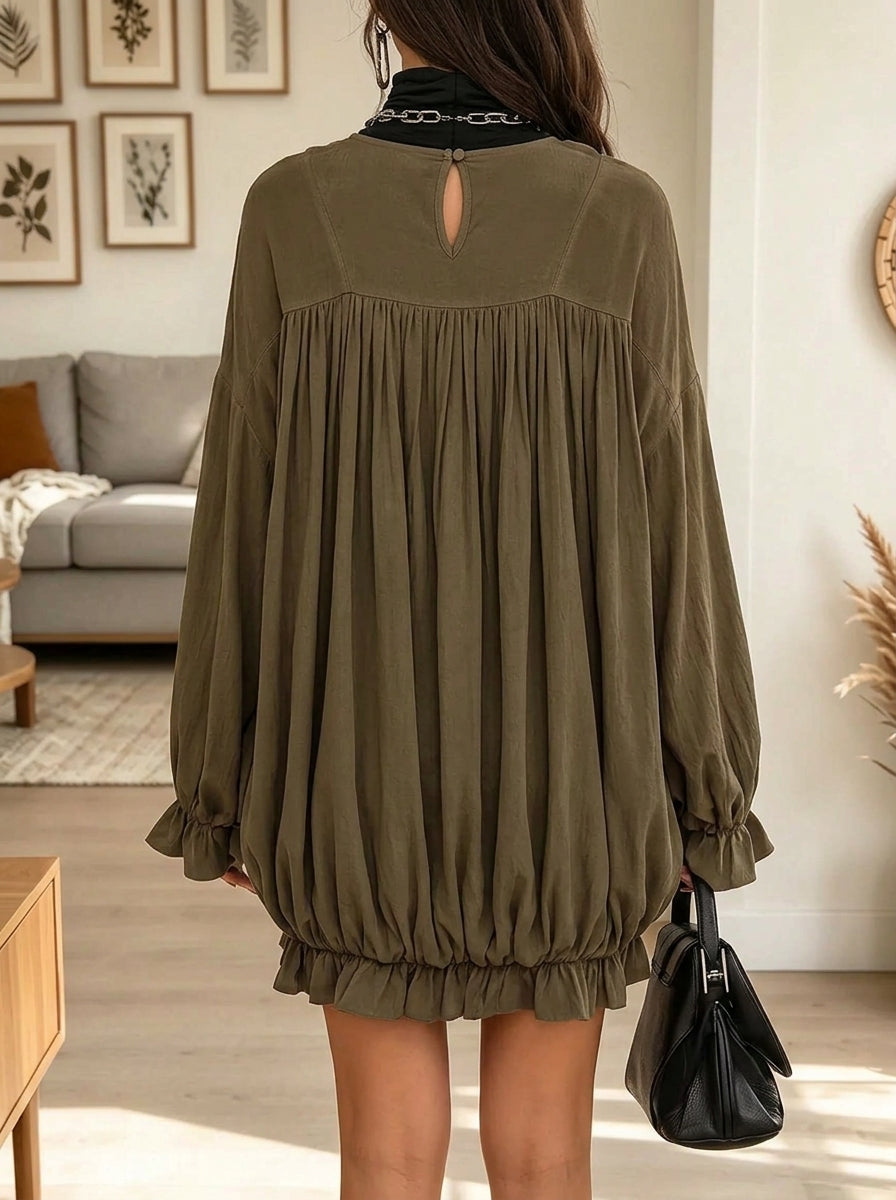 Women's Gathered Bubble Hem Lantern Sleeve Mini Dress