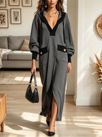 Women's Contrast Hooded Front-Slit Sweatshirt Maxi Dress