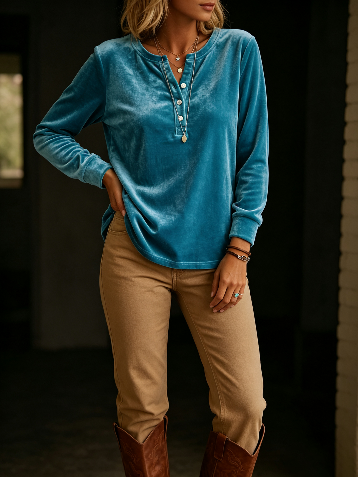 Elegant Cozy Henley Collar Velvet Shirt Top