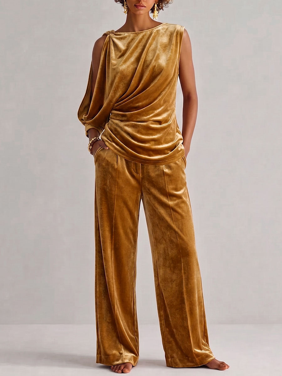 Women's Round Neck Off-shoulder Velvet Top And High-waisted Wide-leg Velvet Suit