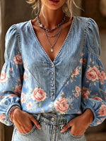 Boho V-neck Floral Print Denim Patchwork Casual Blouse