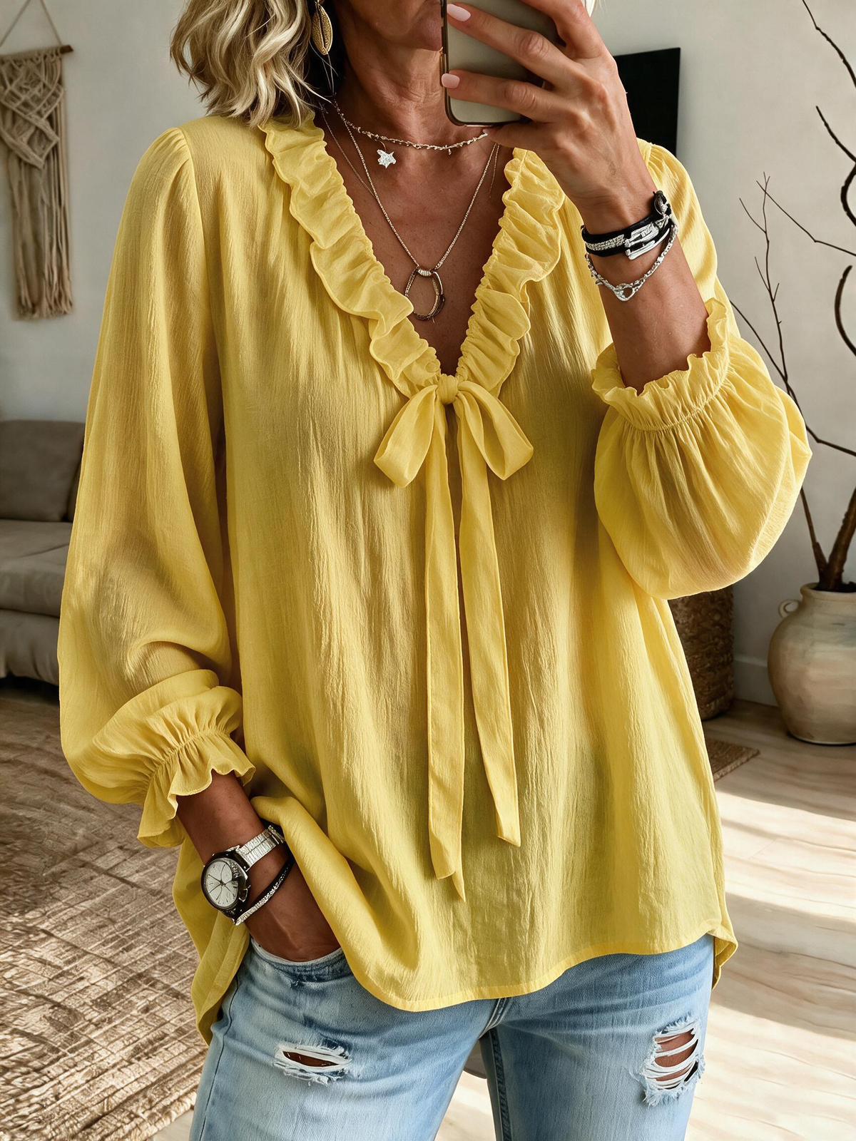 Elegant White Tie-Neck Blouse with Ruffle Trim
