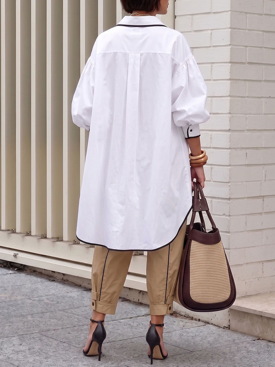 Women's Collared Long-sleeved Casual Loose Cotton Long Shirt