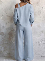 One Shoulder Strap Long Sleeve Top & High Waist Wide Leg Pants Linen Blend Two Piece Set