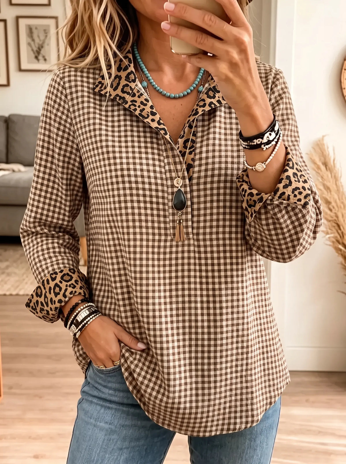 Women's Western Plaid Leopard Spliced Henley Blouse - Casual Loose Fit Button Tunic Top