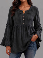 Women's Solid Color V-neck Long Sleeve Casual Loose Pleated Cotton Linen Top