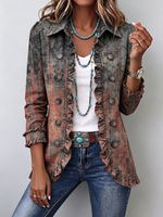 Boho-style Vintage Gradient Textured Print Ruffle Jacket