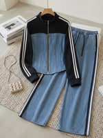 Two-piece Set: Denim-paneled Top And Wide-leg Trousers