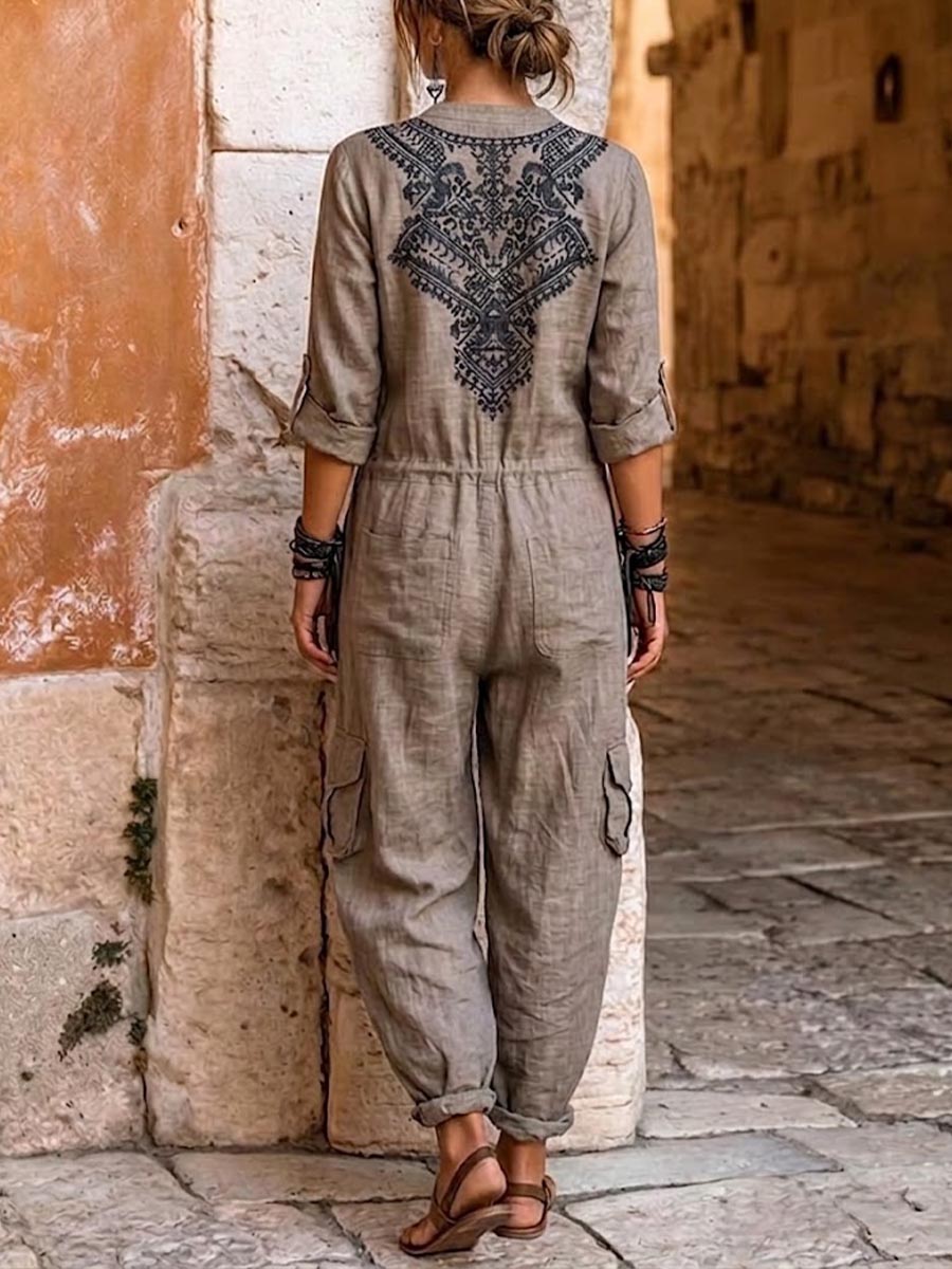 Women's V-neck Long-sleeve Casual Loose Cotton-linen Wide-leg Jumpsuit With Placement Print