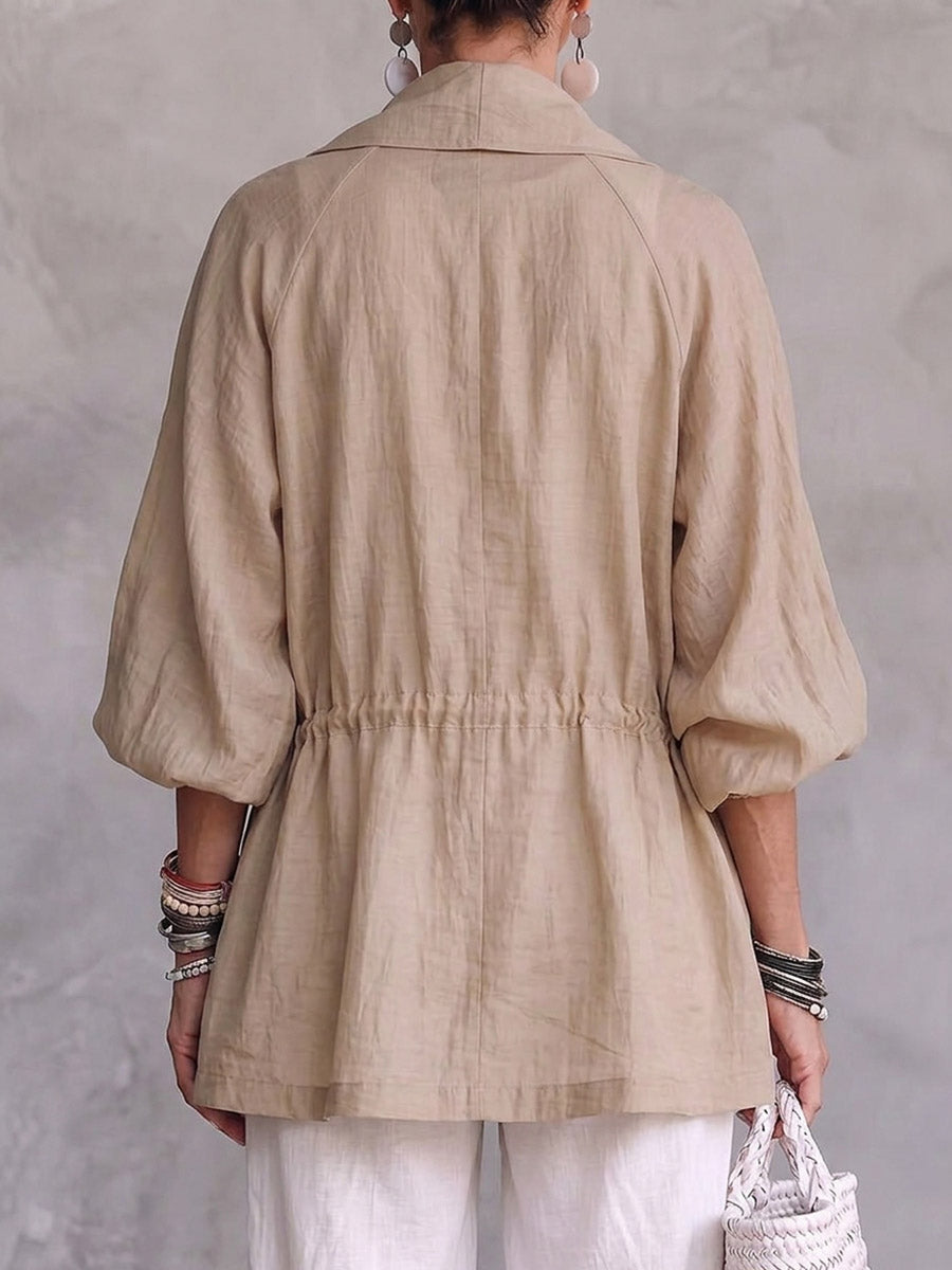 Women's Solid Color Large Lapel 3/4 Sleeve Casual Loose Drawstring Cotton And Linen Cardigan